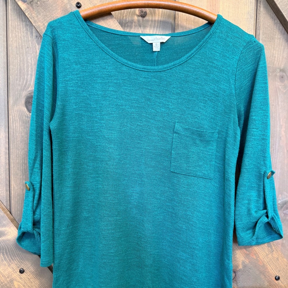 Charming Charlie Knit Top Womens Small Teal Good Button Back Roll Tab Pocket